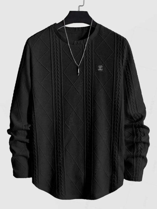 Men'S Jacquard Textured Patch Design Crew Neck Long Sleeves Pullover Sweatshirt