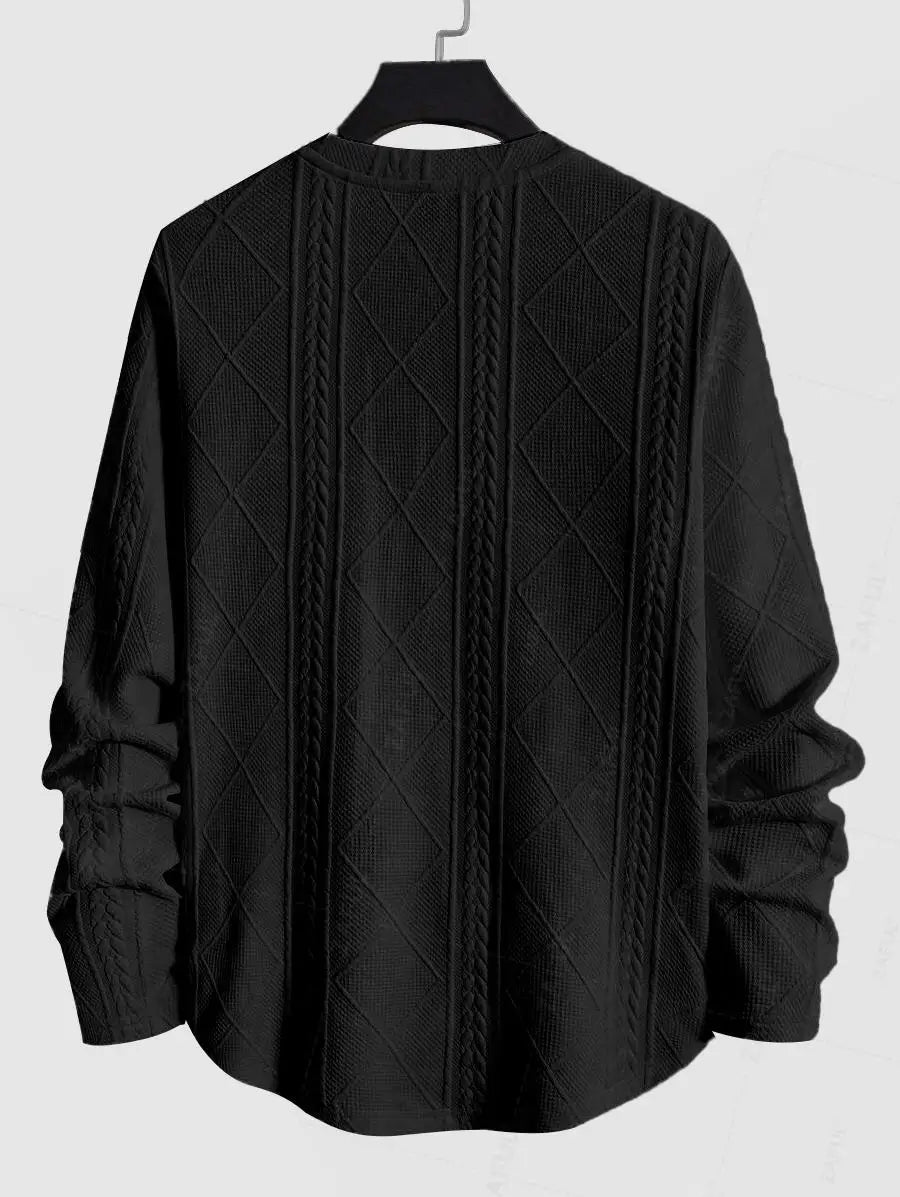 Men'S Jacquard Textured Patch Design Crew Neck Long Sleeves Pullover Sweatshirt